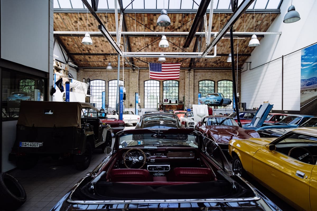 Classic car showroom interior